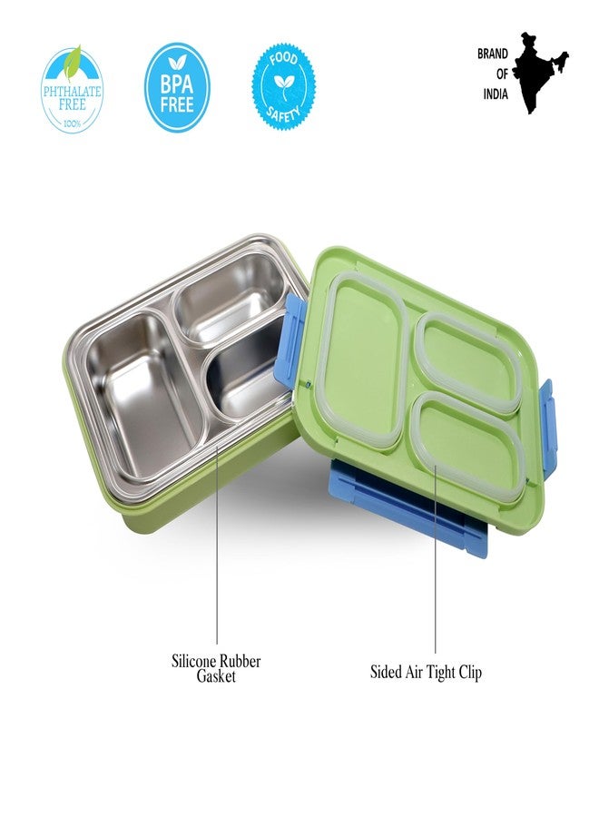 PROBOTT Lunch On 710 ml Stainless Steel Lunch Box, 3 Grid Leak-Proof BPA Free Tiffin Box, Perfect for School, Office, Travel, Picnic | Green - Image 4